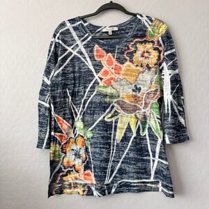 Jess & Jane Large Tunic Navy Blue 3/4 Sleeve Floral Burnout Geometric Art ToWear